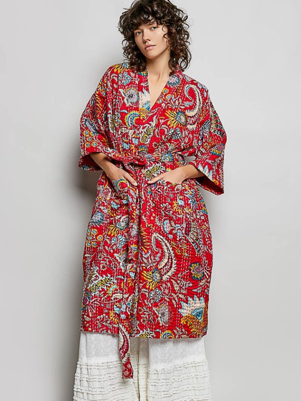 POL quilted kimono-style robe with a relaxed fit and wide sleeves